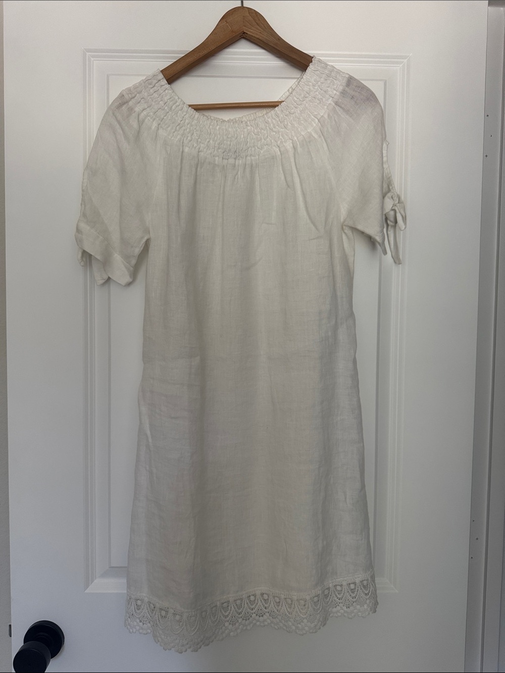Enzo Millenno White Linen Smocked Dress Italy Lace Hem | Size S